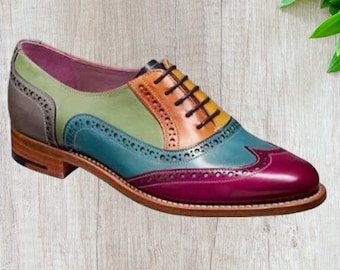 Handmade Women's Genuine Leather Seven Toned Multi Oxford Brogue Wingtip Shoes