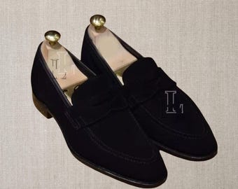 Handmade Men's Black Penny Loafer Suede Slip Genuine Leather Shoes