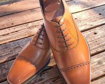 Mens Handmade Genuine Tan Formal Oxford Cap Toe Lace Up Leather Shoes For Men