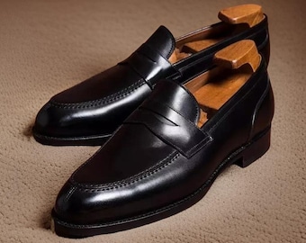 Handgefertigte schwarze Leder Mokassins, formelle Kleidschuhe