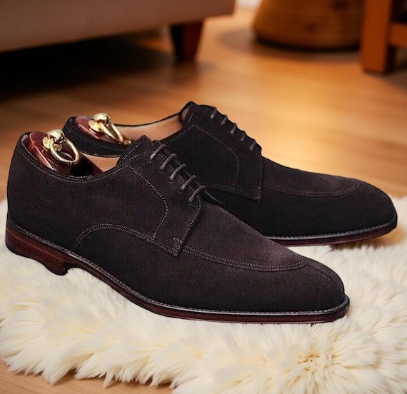 Handmade Men Genuine Suede Leather Shoes Brown Lace-Up Formal Dress Shoe