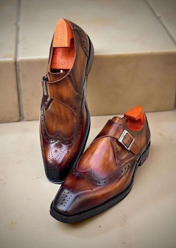 karson leather wingtip monk strap dress shoes Men's Handmade Brown Loafer for Men SS24 NEW