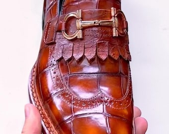 New Handmade Slip-On Brown Crocodile Print Leather Dress Shoes For Men's Wedding