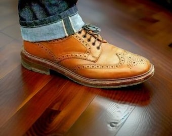 Handmade Genuine Leather Tan Color Oxford Brogue Wingtip Lace Up Shoes For Men