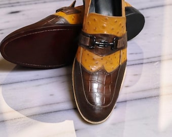 Handmade Men's Leather Horsebit Loafers | Brown Croc Embossed & Tan Ostrich Print Slip-On Dress Shoes | Luxury Wedding Shoes