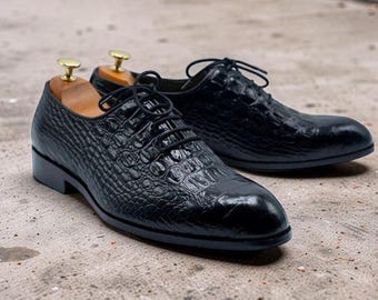 Zapatos de hombre hechos a mano con estampado negro y textura de cocodrilo, zapatos de vestir de hombre con estampado negro y textura de cocodrilo, zapatos de hombre