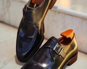 Stilvolle handgefertigte echte schwarze italienische Leder Loafer Monk Strap Schuhe für Herren