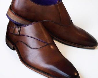 Handmade Mens Leather Shoes Stylish Brown Monkish Buckle Shoe, Formal Dress Shoe