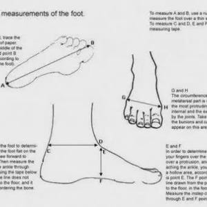 May include: Diagram illustrating how to measure a foot for shoe sizing. The image shows outlines of feet with labeled lines and instructions for measuring length, width, and circumference. Text explains each measurement step.