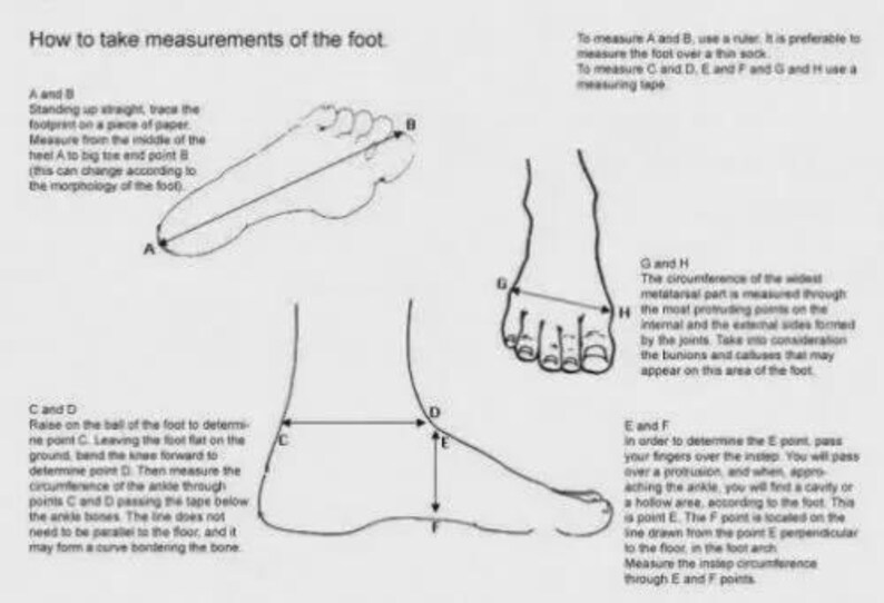 May include: Diagram illustrating how to measure a foot for shoe sizing. The image shows outlines of feet with labeled lines and instructions for measuring length, width, and circumference. Text explains each measurement step.