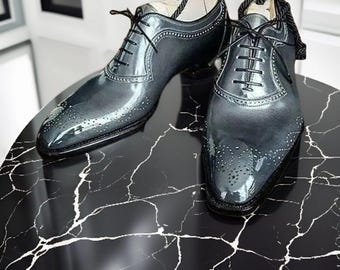 New Handmade Genuine leather grey oxford dress shoes men's Wingtip Wedding shoes