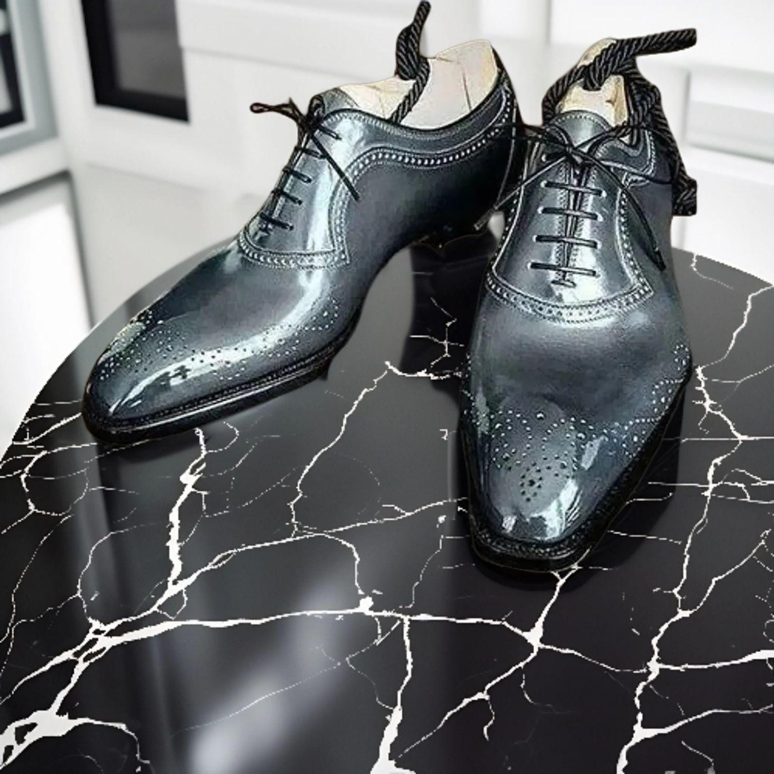 grey wingtip dress shoes New Handmade Genuine leather oxford men's Wedding shoes wing tip shoes