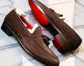Handmade Men Brown Suede Shoes, Men Brown Suede Moccasins Shoes Loafer