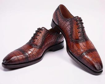 Handmade Men Shaded Brown Crocodile Leather Lace Up Dress Shoes, Business Shoes
