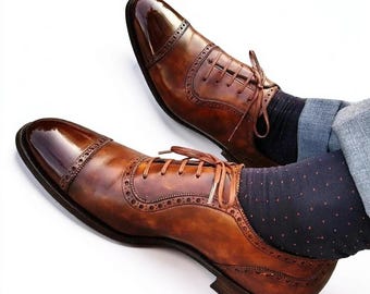 Zapatos formales Oxford de cuero marrón hechos a mano con cordones, zapatos de vestir para bodas para hombre