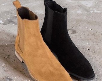 Handgefertigte Herren-Chelsea-Boots aus hellbraunem/schwarzem Wildleder für Herren