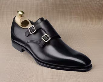Handgefertigte Herren Schwarz Formelle Doppel Monk Strap Kleid Schuhe, Echtleder Schuhe