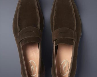 Zapatos hechos a mano para hombre, mocasines de ante marrón, forro de cuero, suela, botas formales sin cordones