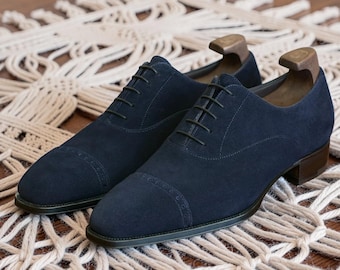 Men Genuine Handmade Blue Suede Leather Shoes Lace Up Formal Dress Cap-Toe Shoes
