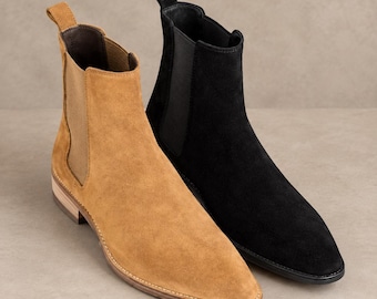 Handmade Men Tan/ Black Colour Suede Leather Ankle High Chelsea Boots For Men