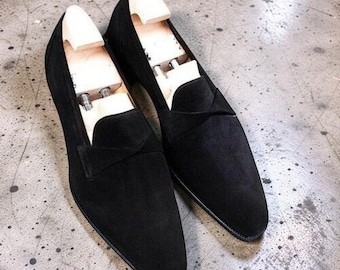 Handmade Mens Black Suede Moccasins, Men Black Suede Dress Shoes, Mens Shoes