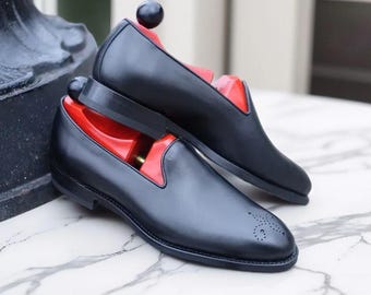 New Men's Handmade Pure Black leather Slip on custom made Lofers