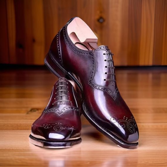 Bespoke Handmade Burgundy Shaded Oxford Whole Cut Formal Dress Shoes For Men