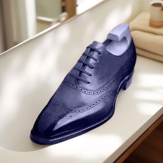 Blue Leather Oxford Shoes with Lace-Up Design Handmade Leather Oxford Shoes: Bespoke Blue & White Lace-up  main image 4