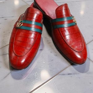 Handmade Men's Red Leather Mule Loafers | Croc Embossed Backless Slip On Shoes | Luxury Horsebit Dress Mules | Wedding Shoes