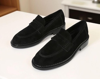 Mocassins Penny Homme Noirs En Cuir D'agneau À Bout Tablier