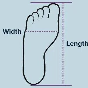 May include: An illustration of a foot outline with labeled measurements for width and length. The foot is black, and the lines indicating the measurements are purple. The text labels are also in black.