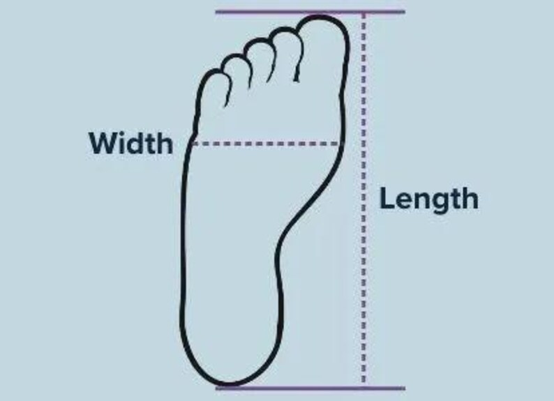May include: An illustration of a foot outline with labeled measurements for width and length. The foot is black, and the lines indicating the measurements are purple. The text labels are also in black.