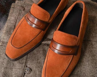 Handmade men tan orange suede dress shoes, slip on casual shoes for mens office