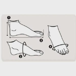 May include: Diagram illustrating how to measure a foot for shoe sizing. The image shows four different measurement points labeled 1 through 4, with arrows indicating the areas to measure. The diagram is in black and white.