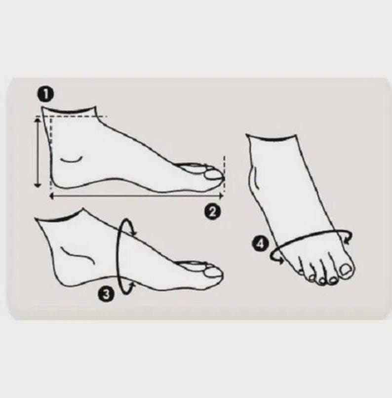 May include: Diagram illustrating how to measure a foot for shoe sizing. The image shows four different measurement points labeled 1 through 4, with arrows indicating the areas to measure. The diagram is in black and white.