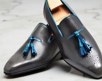 Handmade Men Black Leather Slip On Loafer Shoes