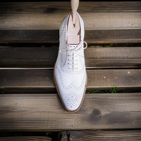 Handmade Designer Men's white color leather wingtip Brogue lace up dress  Shoes