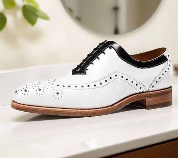Handmade Men's Leather Shoes, White Two Tone Wing Tip Brogue Lace Up Dress Shoes Handmade Men's Leather Shoes, White Two Tone Wing Tip Brogue Lace Up Dress Shoes