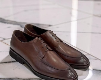 Chaussures derby faites main en cuir marron pour homme, robe de mariée formelle avec bout tablier