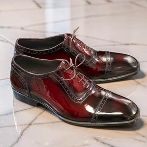 Handmade Burgundy Patina Oxford Shoes for Men | Leather Cap Toe Dress Shoes | Luxury Wedding & Formal Shoes | Italian Style Footwear