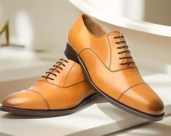 Handmade Men's Light Tan Leather Oxford Dress Business Shoes For Mens