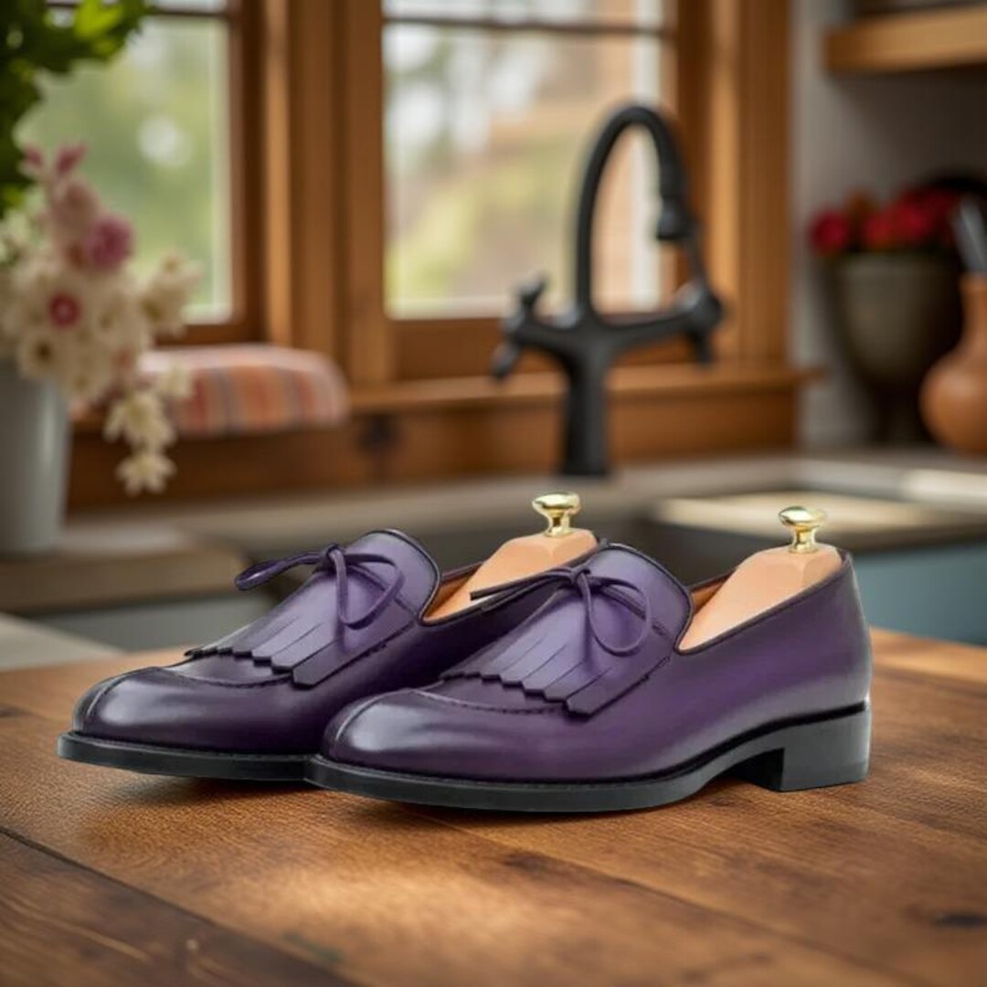 Handmade Purple Leather Fringe Loafers Luxury Designer Dress Shoes