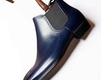 Handmade men blue leather chelsea boots, wingtip brogue dress office boots mens