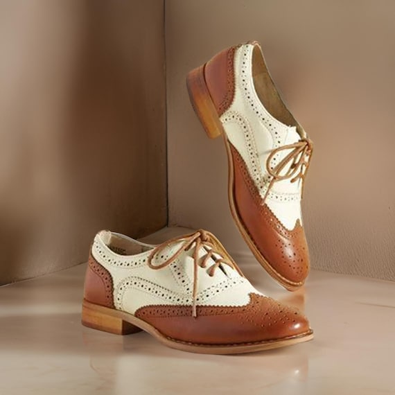 Comfortable Shoes Women's Dress Shoes That Feel Like Sneakers Handmade  Women's Half White And Tan Leather Oxford Wingtip Lace Up Dress Shoes