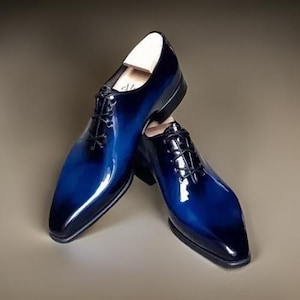 ハンドメイドレザーオックスフォードレースアップドレスブルーシェードシューズフォーマルシューズメンズ