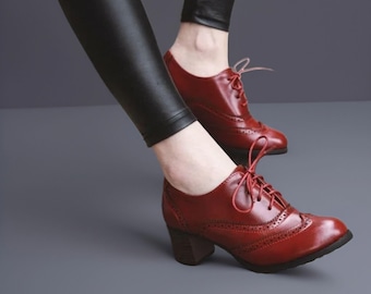Zapatos Oxford retro de mujer con cordones, tacón grueso, estilo brogue, tallas grandes.
