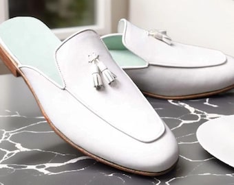 Pantofole da uomo fatte a mano in pelle bianca, eleganti mocassini da uomo
