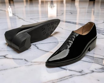 HANDMADE Men's Black Patent Leather Oxford Shoes | Handcrafted Glossy Formal