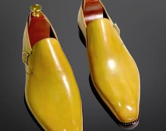 Handmade Yellow Leather Monk Strap Shoes, Slip on Men's Formal Dress Shoe