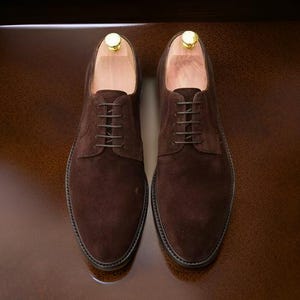 May include: A pair of dark brown suede derby shoes featuring a rounded toe, matching dark brown laces, and a visible wooden shoe tree with a gold-toned knob inserted into each shoe. The shoes have a clean, plain-toe design with visible stitching.